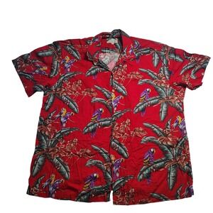 Paradise Found Mens XL Hawaiian Shirt Red Parrot Tropical Palm Rayon Made Hawaii